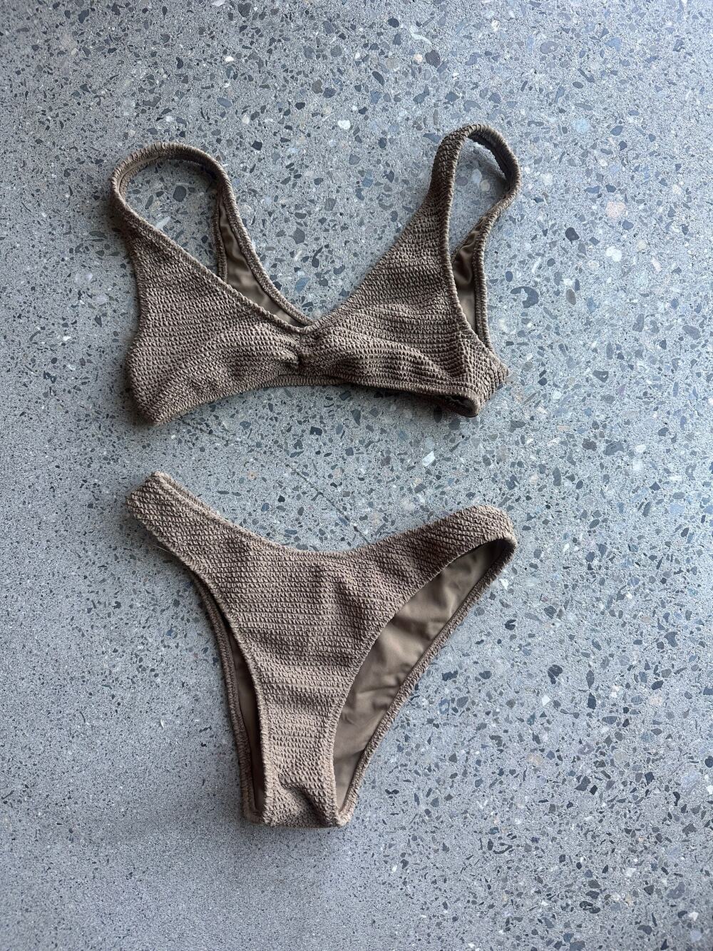 PacSun Swim Women’s XS Bikini Set Brown Taupe Crinkle High Cut Cheeky Two Piece
